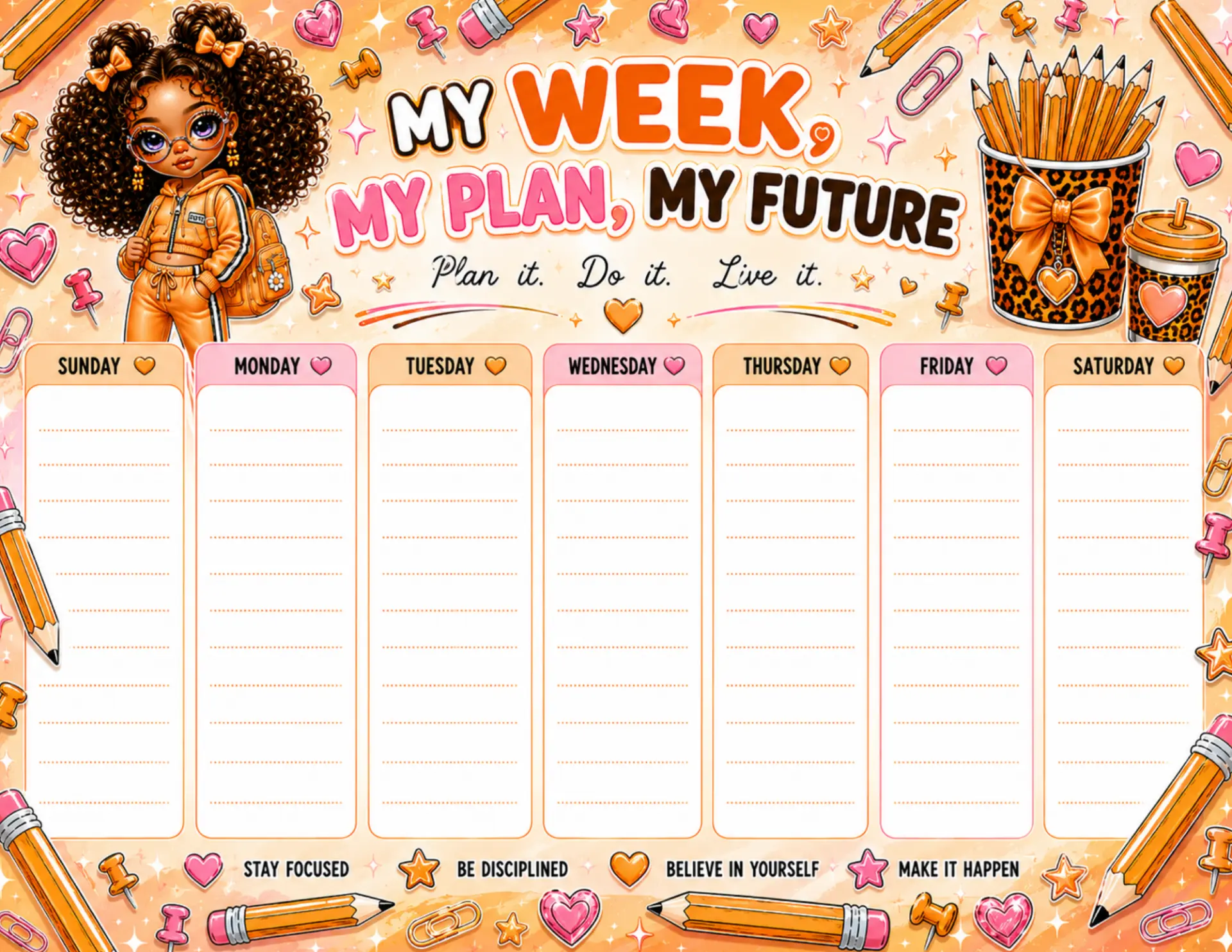 Sunset Leopard magnetic weekly planner shown on a white desk with colorful markers and dry-erase pens