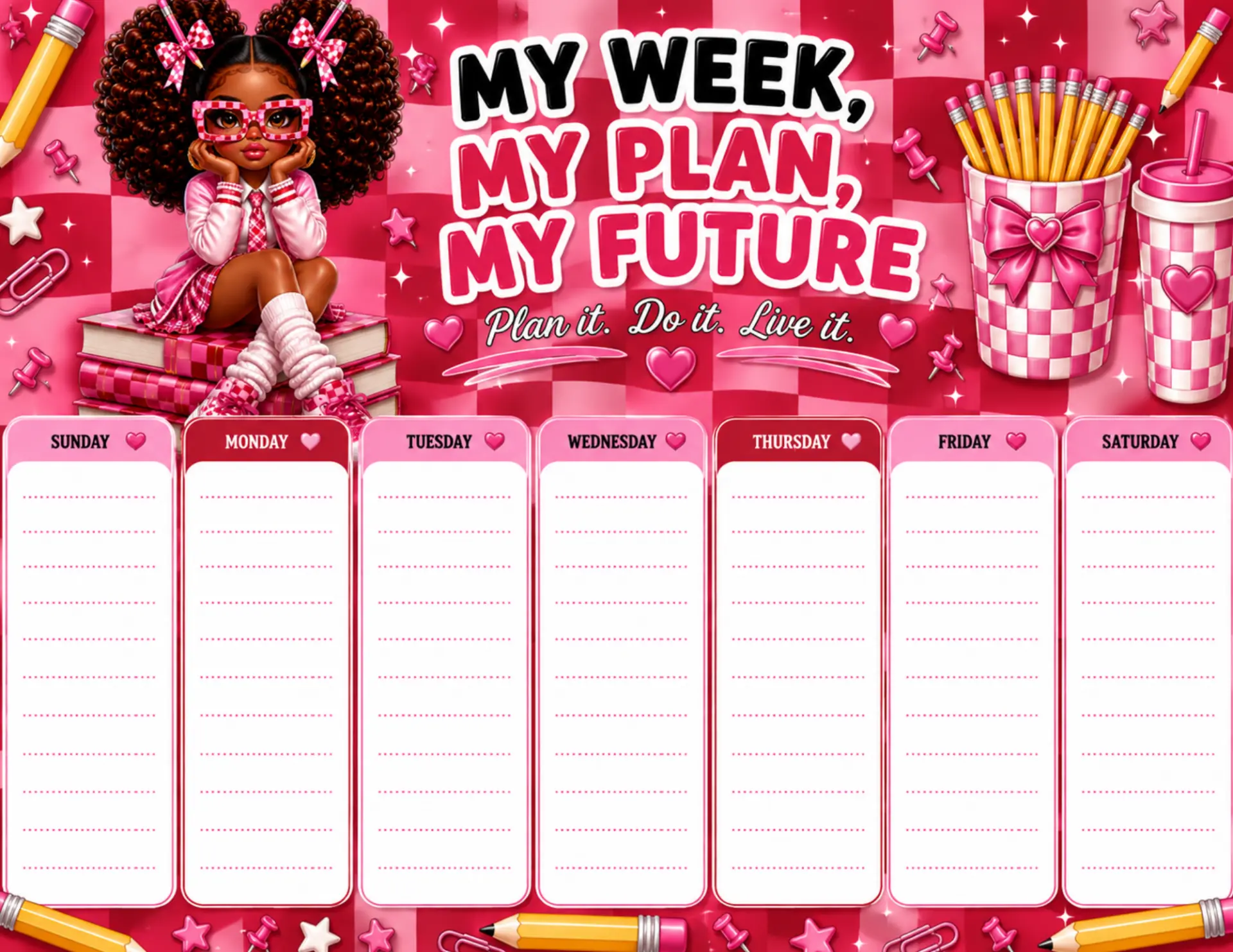 Pink Checkers Varsity magnetic weekly planner shown on a white desk with colorful markers and dry-erase pens