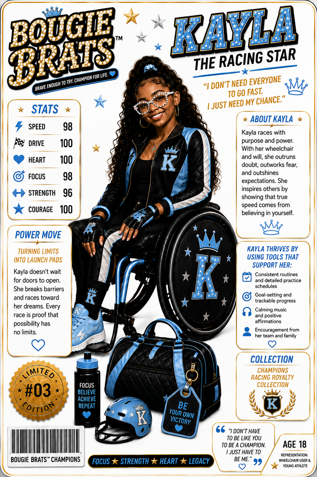 Kayla, The Racing Star — Bougie Brats™ Champions profile card