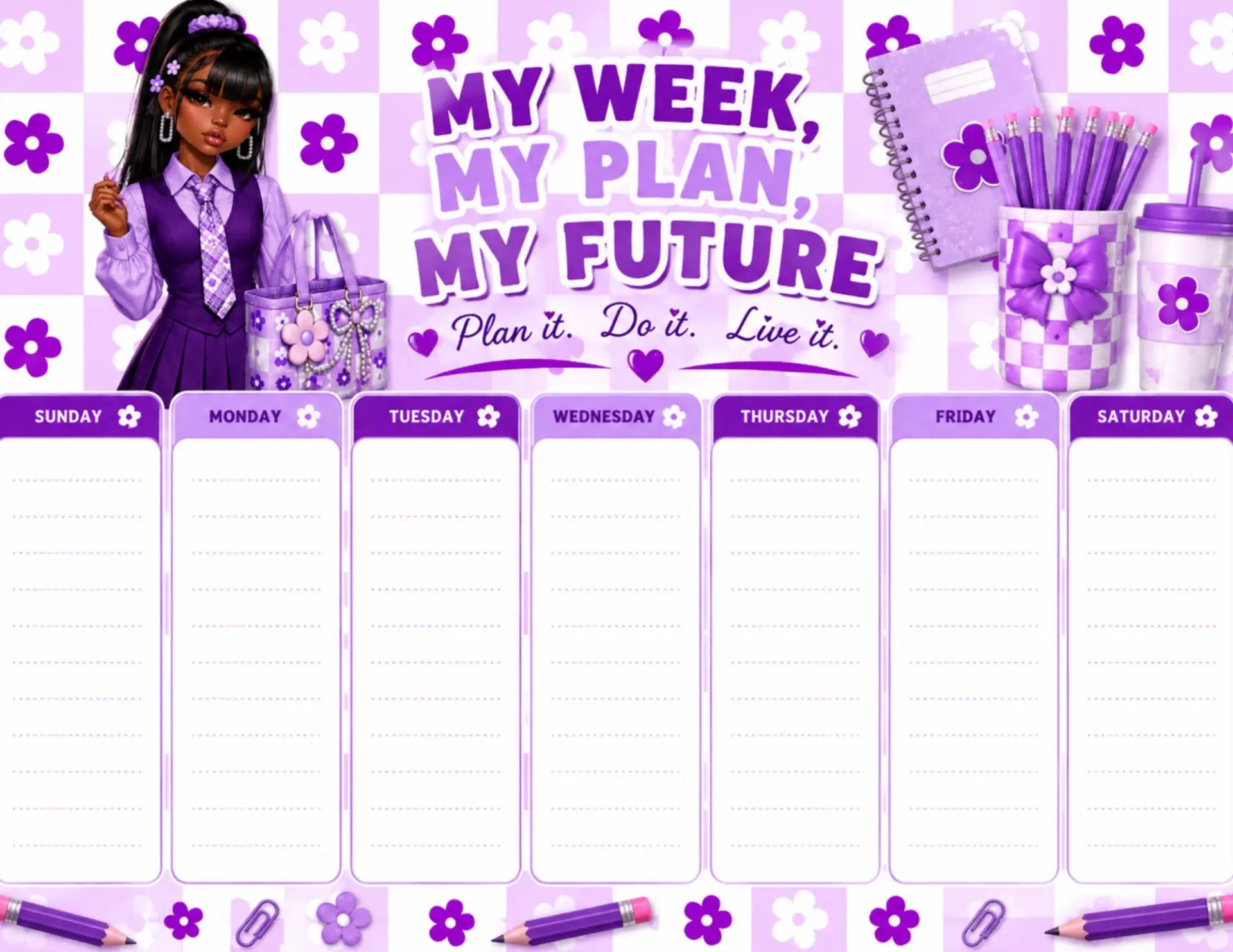Purple Daisy Prep magnetic weekly planner shown on a white desk with colorful markers and dry-erase pens