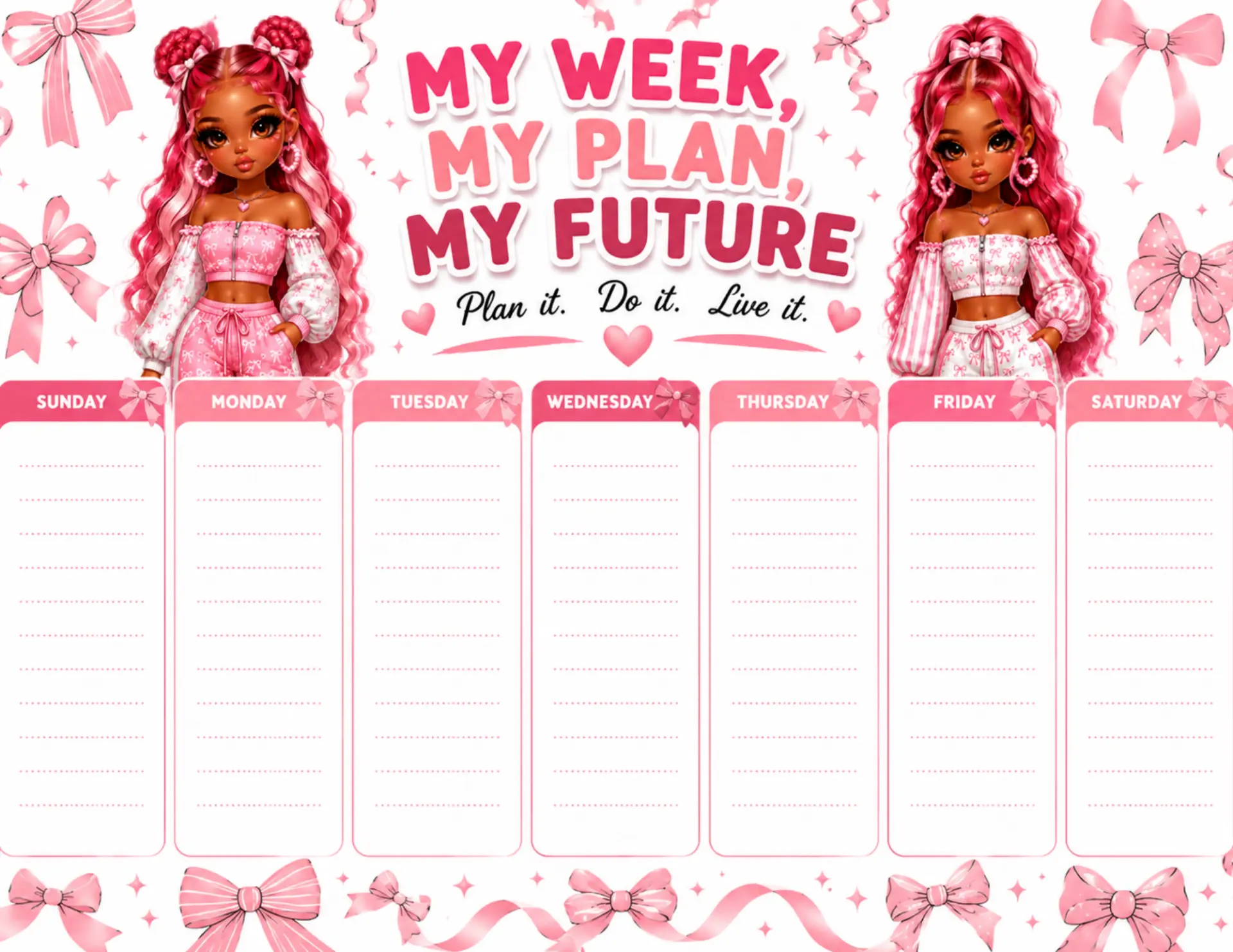Pink Bows Duo magnetic weekly planner shown on a white desk with colorful markers and dry-erase pens