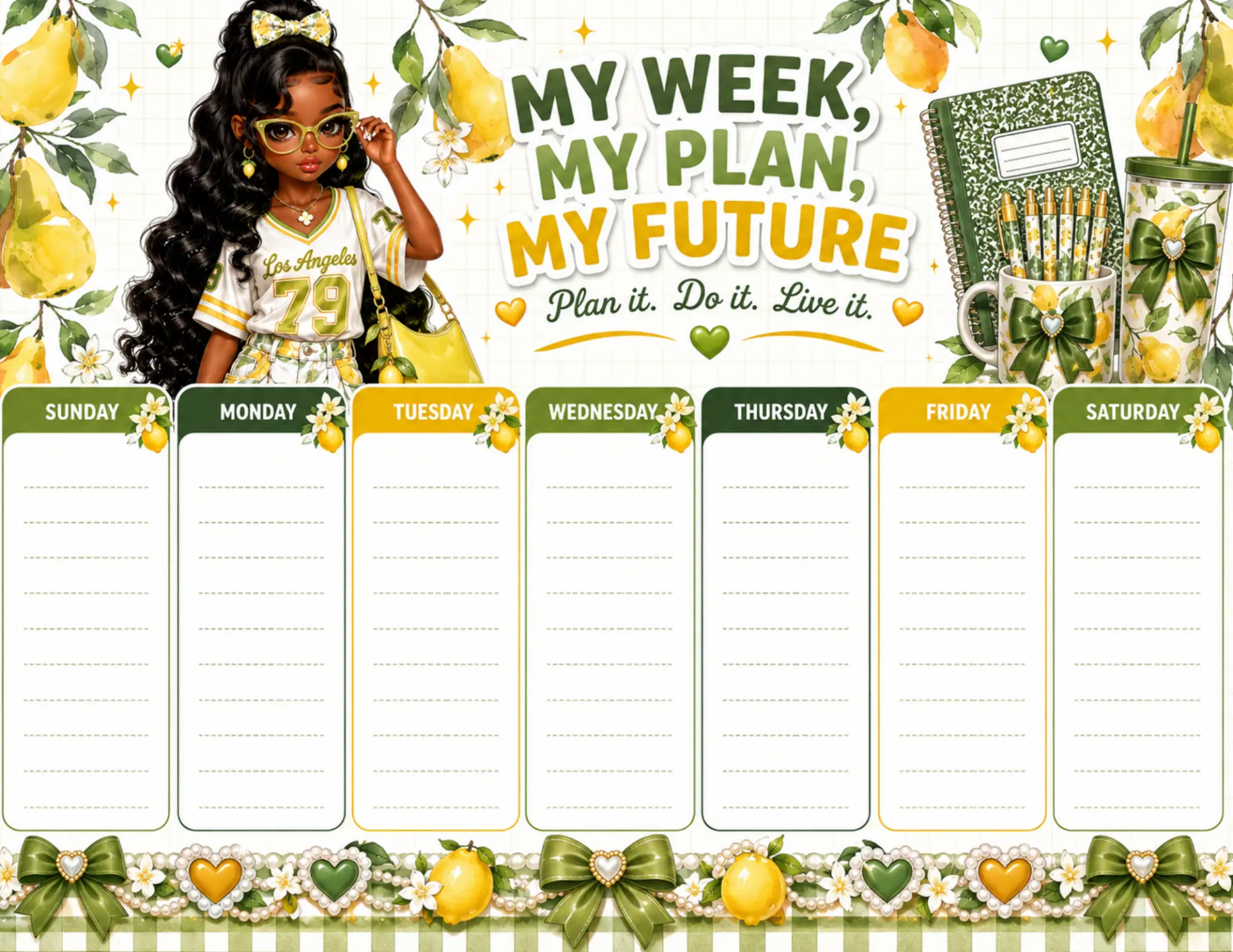 Green Lemon Jersey magnetic weekly planner shown on a white desk with colorful markers and dry-erase pens