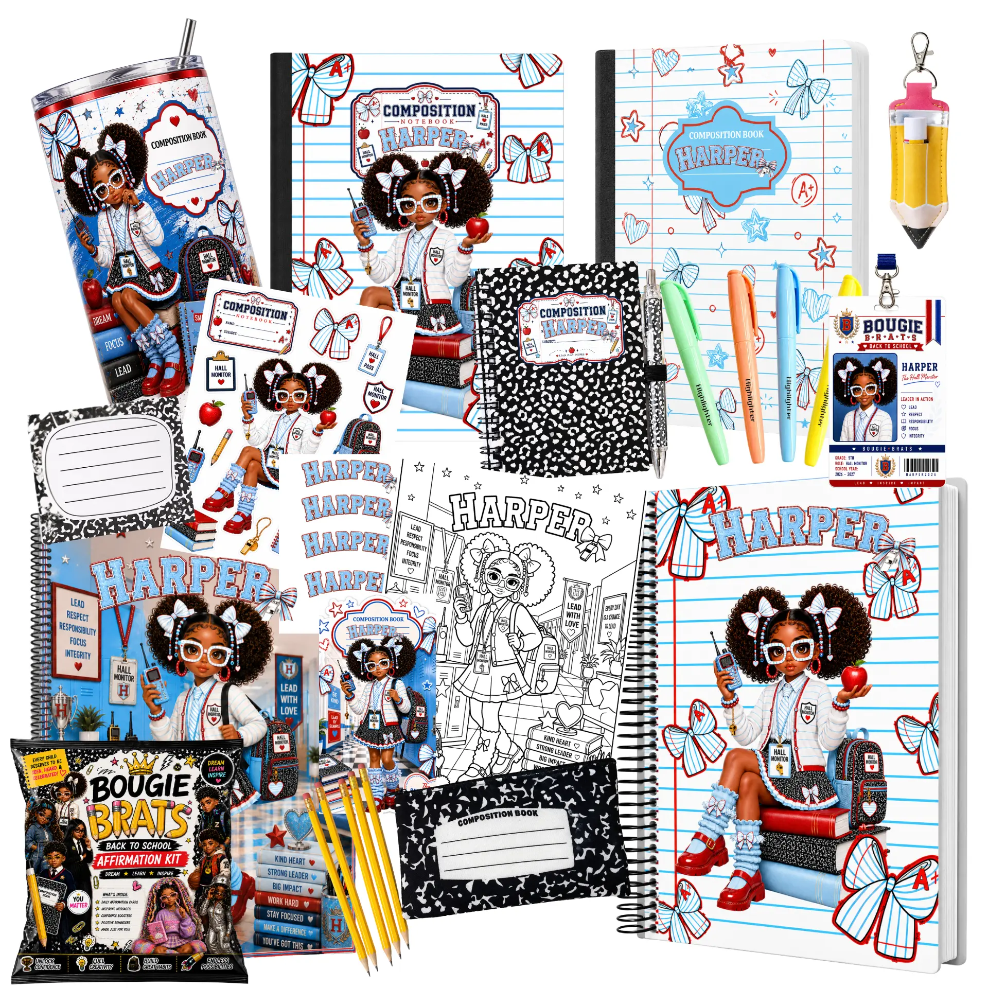 Flat lay of every item included for Harper