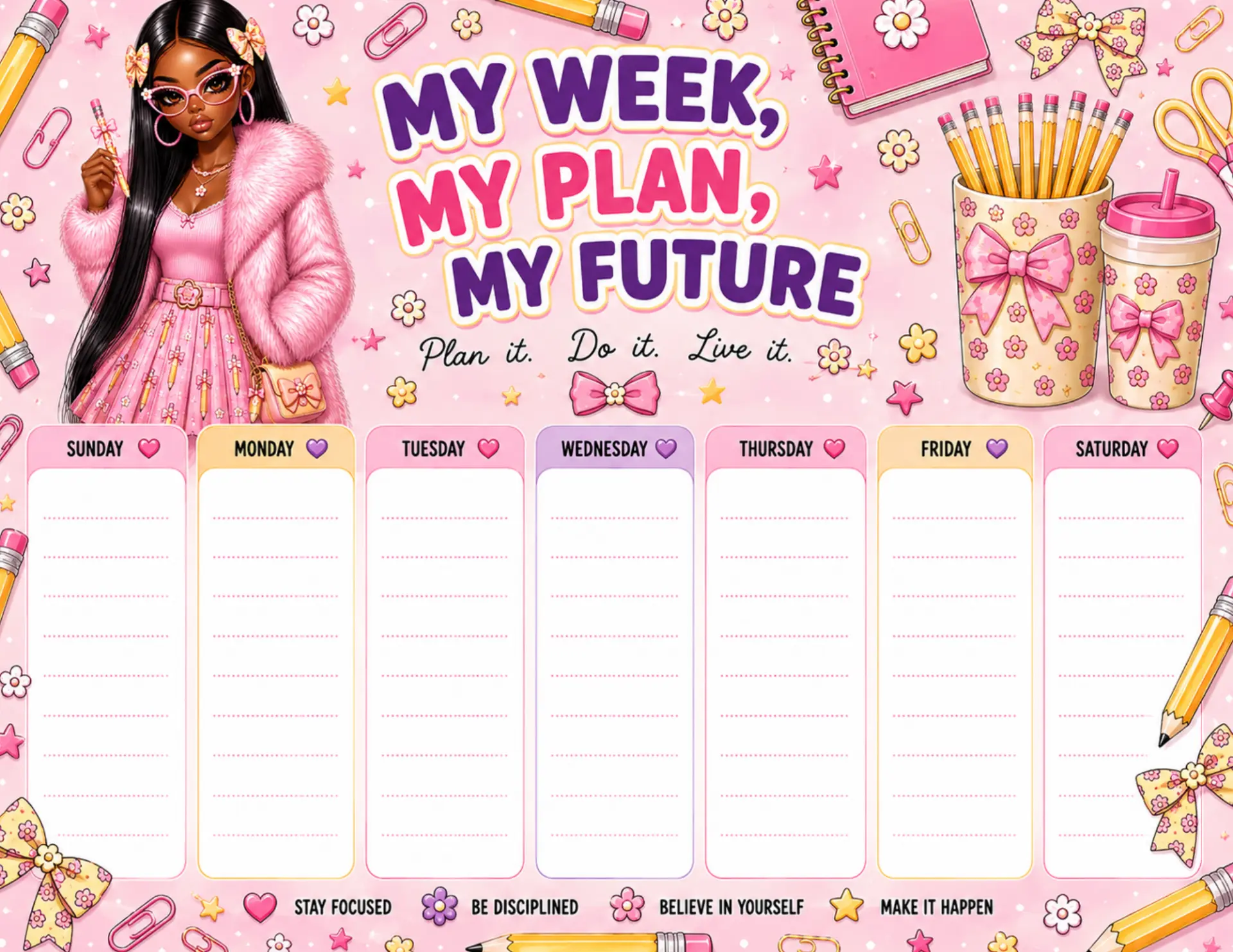 Pink Fur Glam magnetic weekly planner shown on a white desk with colorful markers and dry-erase pens