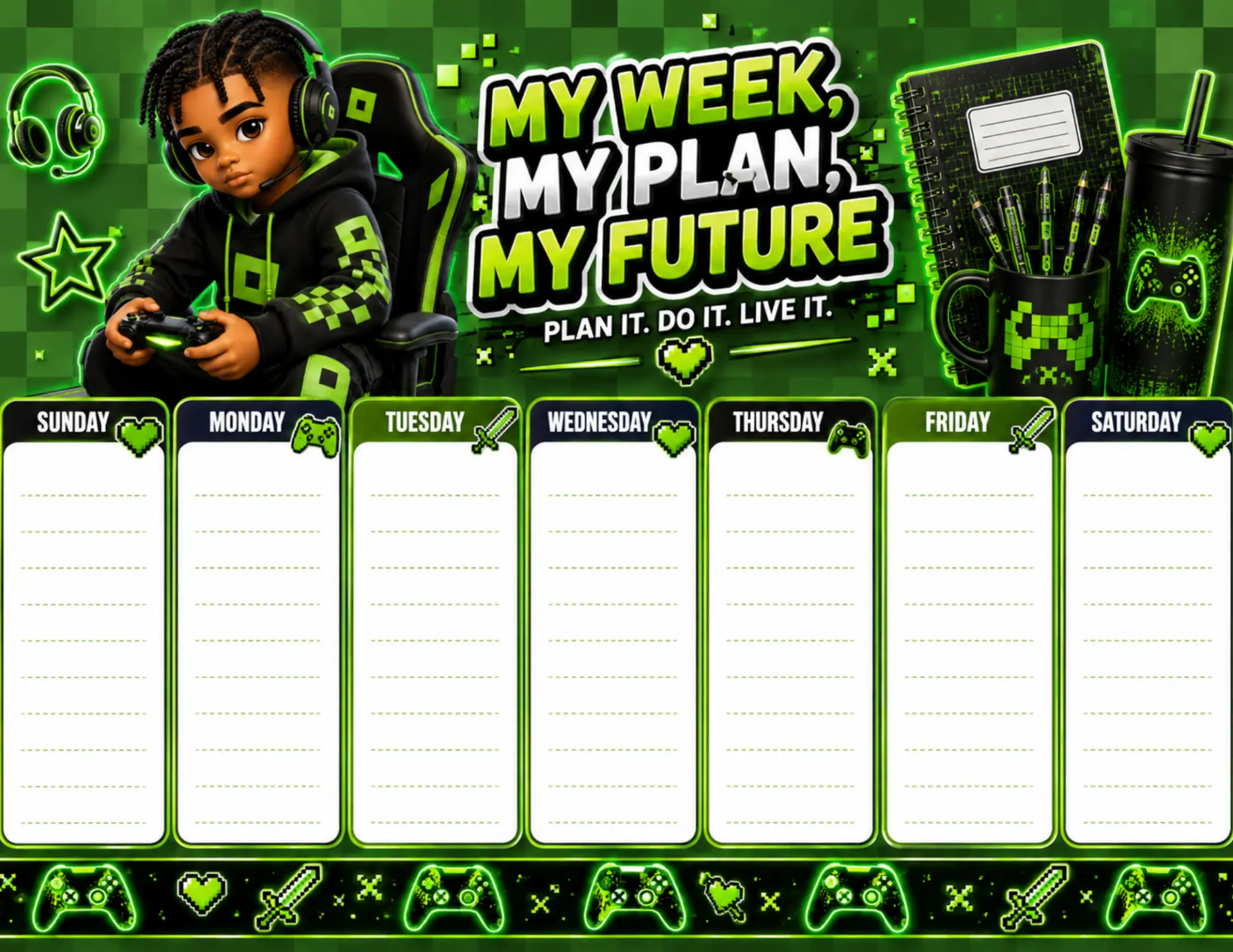 Gamer Green magnetic weekly planner shown on a white desk with colorful markers and dry-erase pens