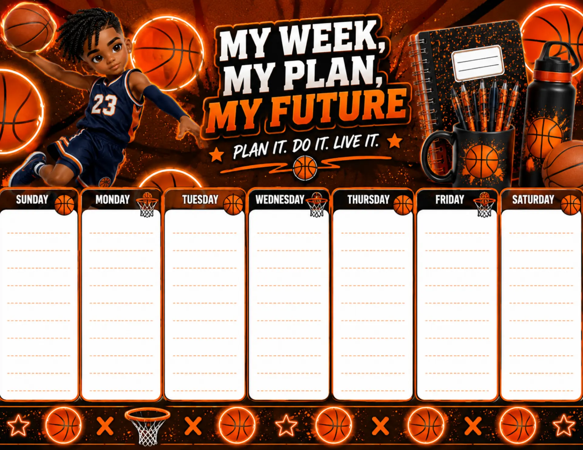 Basketball Blaze magnetic weekly planner shown on a white desk with colorful markers and dry-erase pens