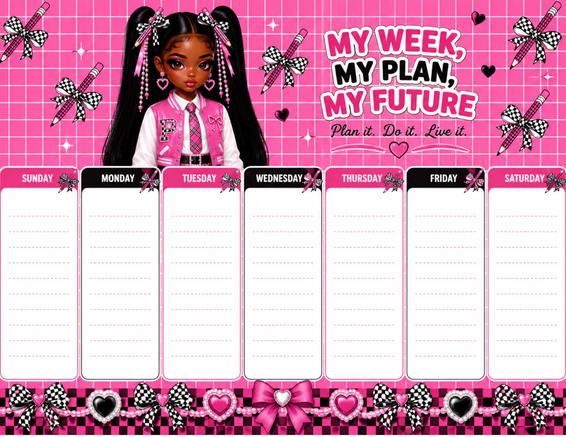 Hot Pink Checker Varsity magnetic weekly planner shown on a white desk with colorful markers and dry-erase pens
