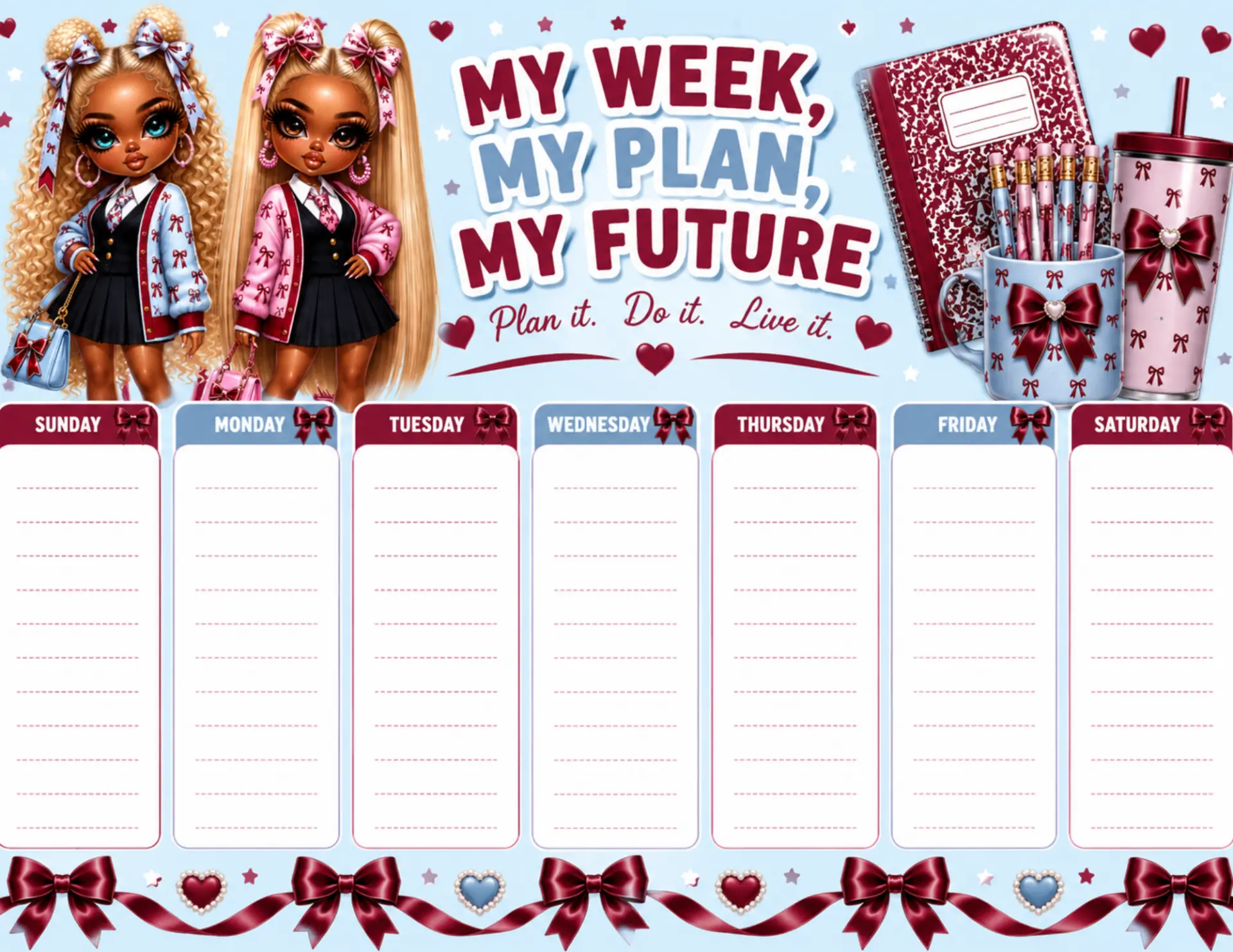 Varsity Bows Duo magnetic weekly planner shown on a white desk with colorful markers and dry-erase pens