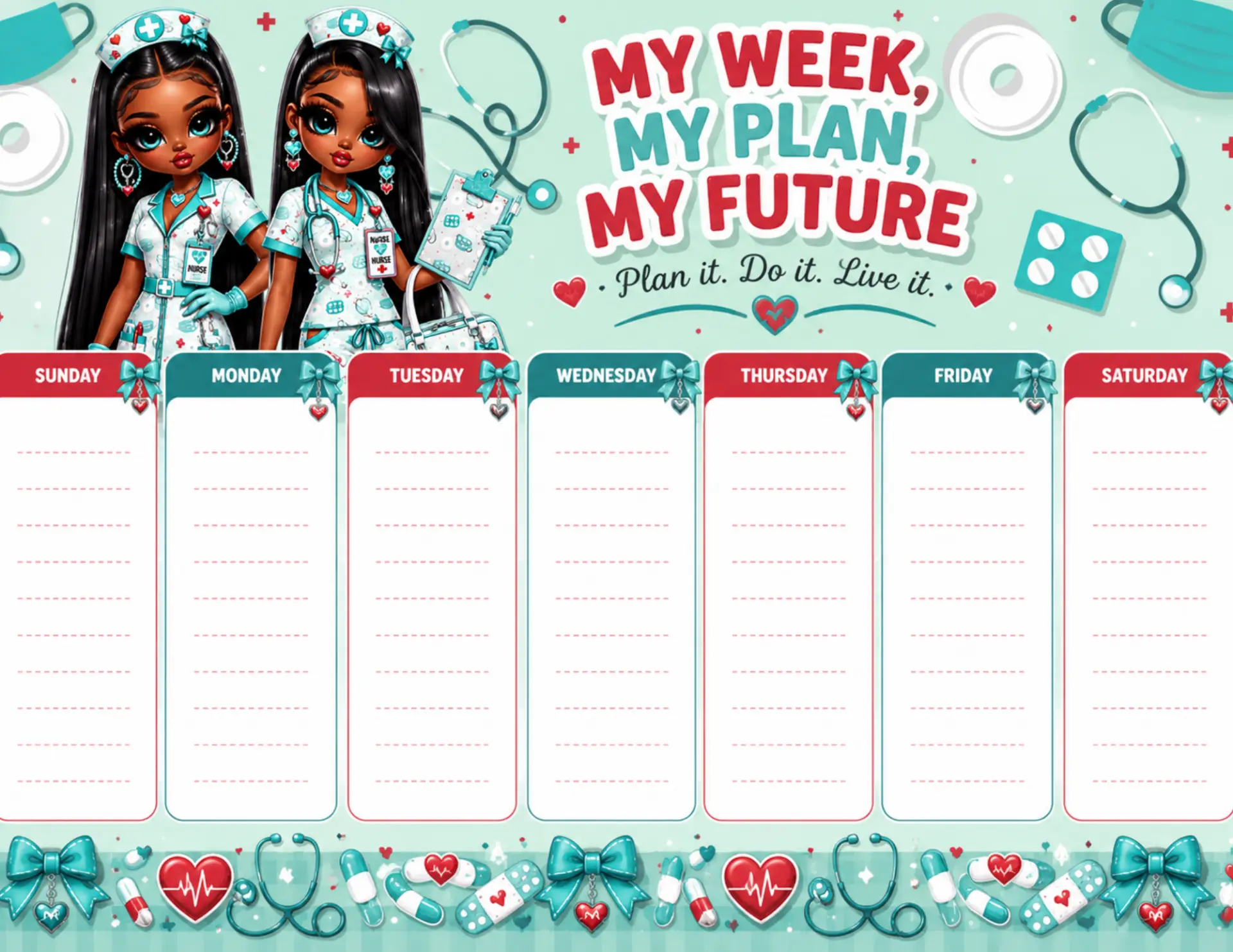 Future Nurse Duo magnetic weekly planner shown on a white desk with colorful markers and dry-erase pens