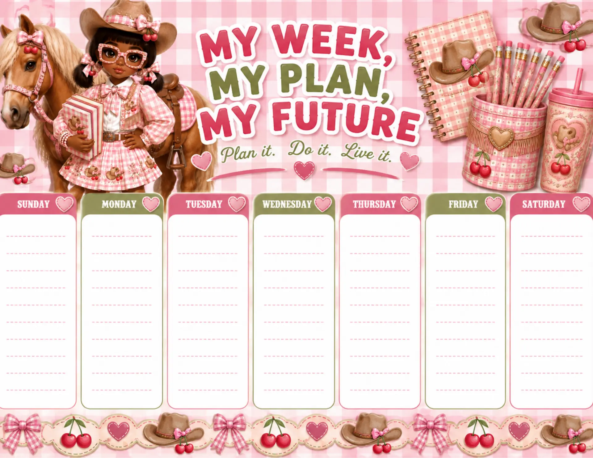 Pink Cowgirl magnetic weekly planner shown on a white desk with colorful markers and dry-erase pens