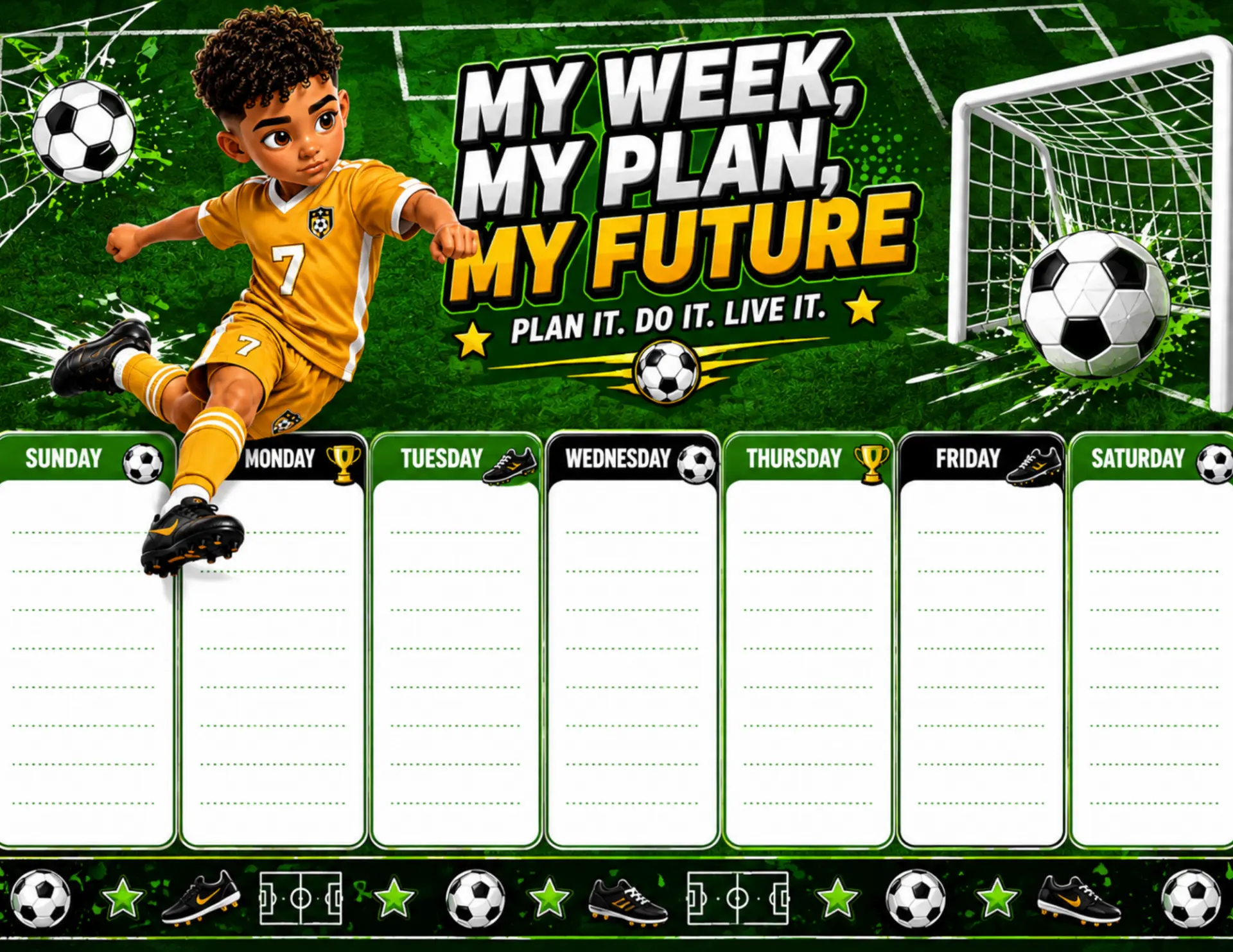 Soccer Star magnetic weekly planner shown on a white desk with colorful markers and dry-erase pens
