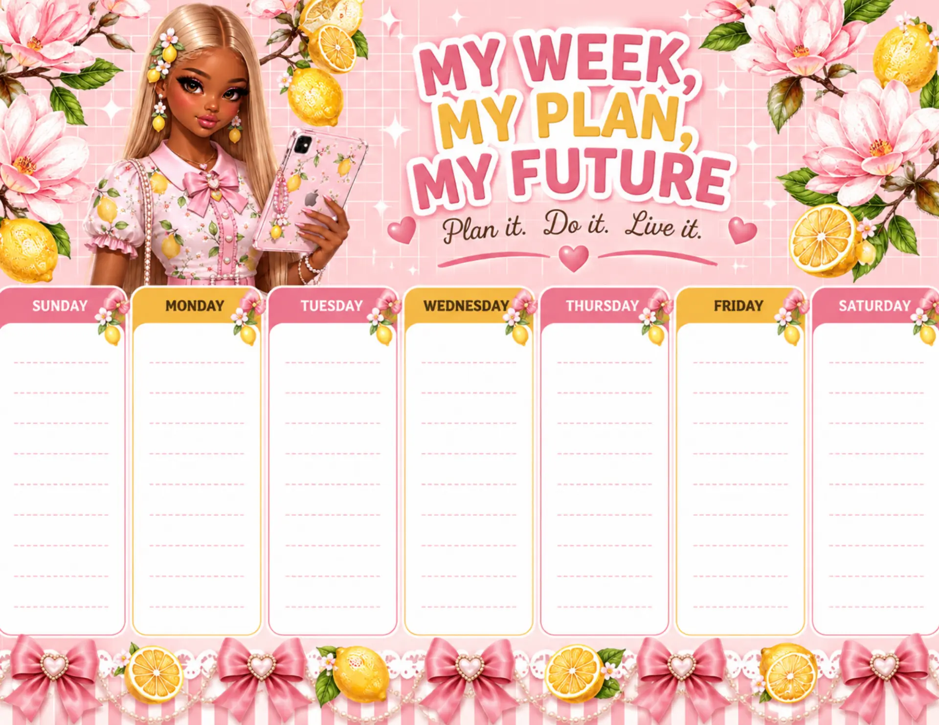 Lemon Blossom magnetic weekly planner shown on a white desk with colorful markers and dry-erase pens