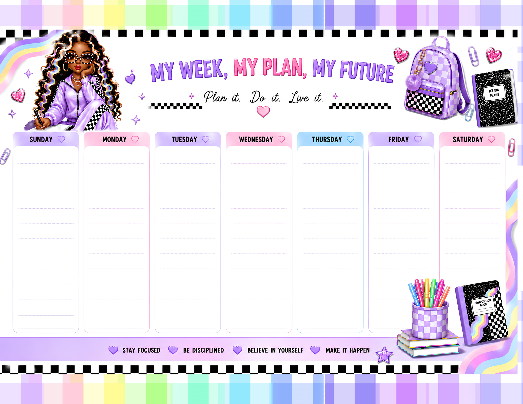Lavender Checkerboard Dream magnetic weekly planner shown on a white desk with colorful markers and dry-erase pens