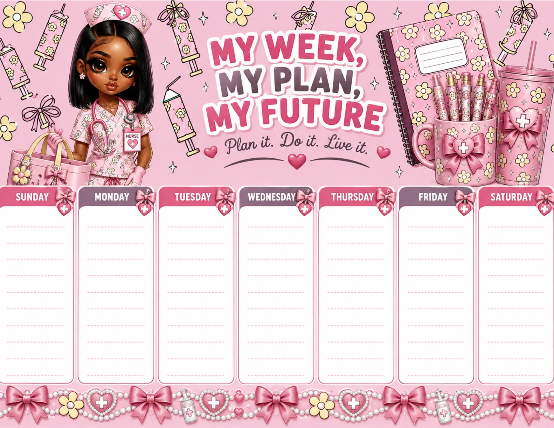 Pink Scrubs Nurse magnetic weekly planner shown on a white desk with colorful markers and dry-erase pens