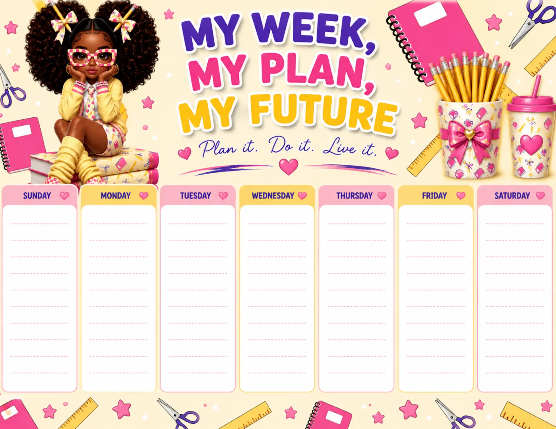 Butter Yellow Cutie magnetic weekly planner shown on a white desk with colorful markers and dry-erase pens