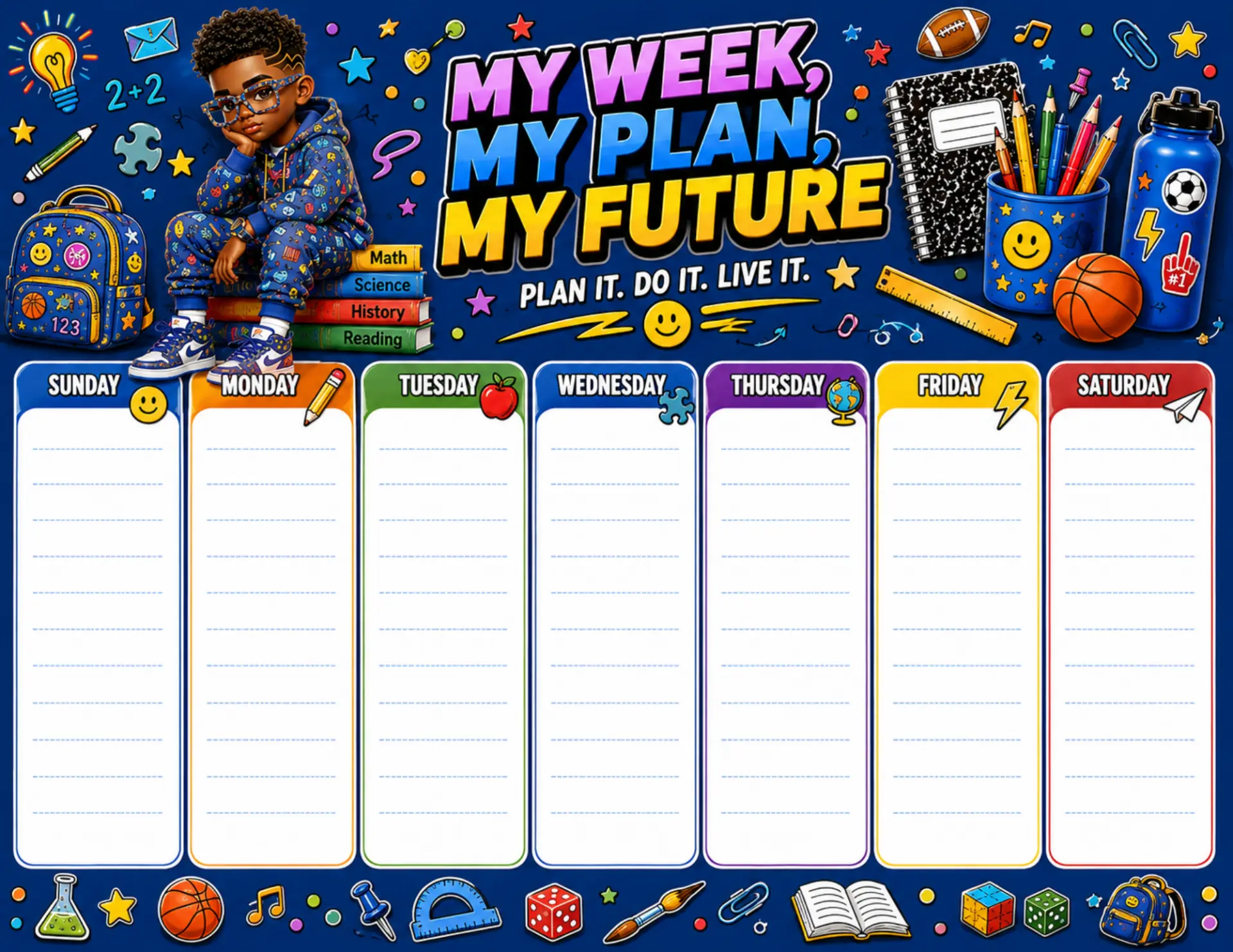 Blue Star Student magnetic weekly planner shown on a white desk with colorful markers and dry-erase pens