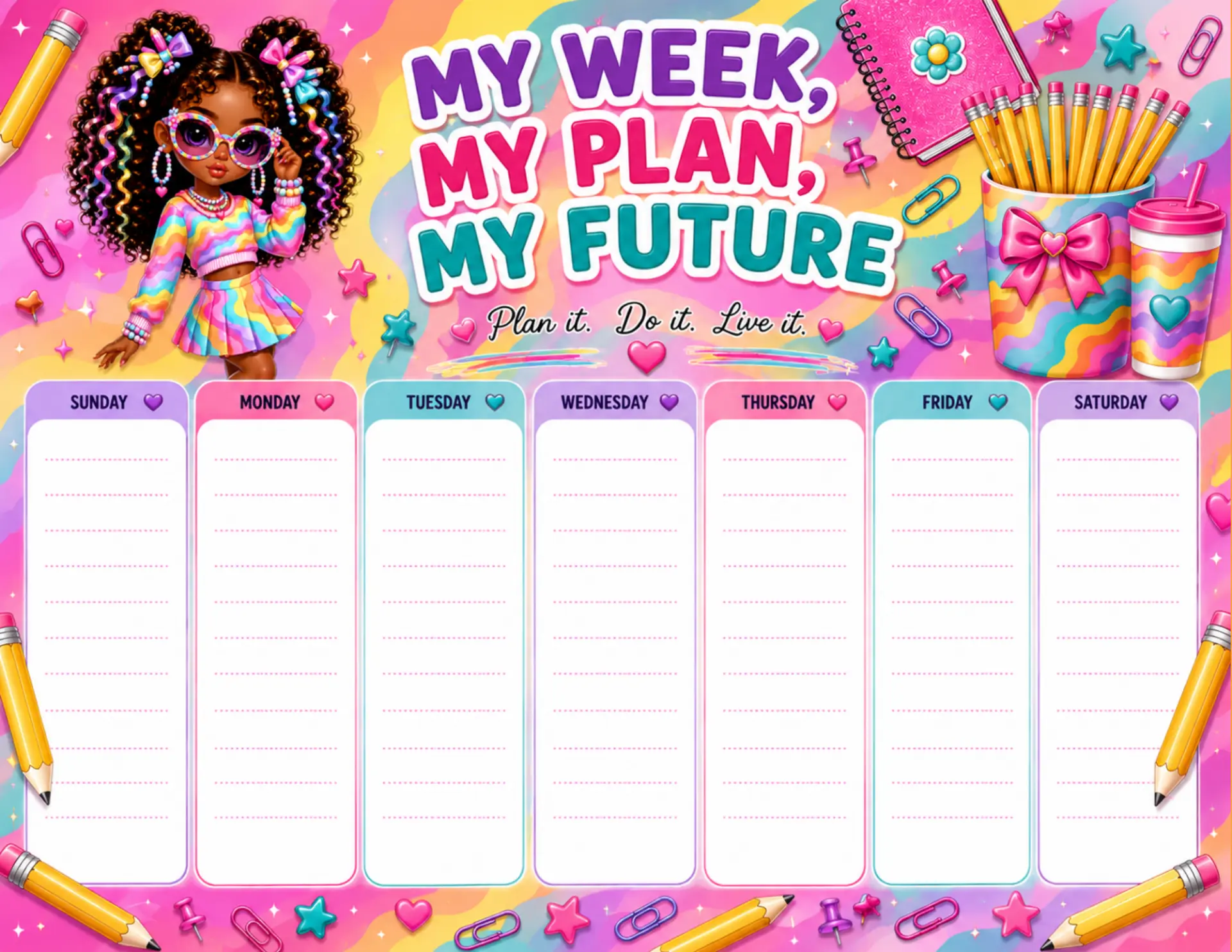 Rainbow Bright magnetic weekly planner shown on a white desk with colorful markers and dry-erase pens