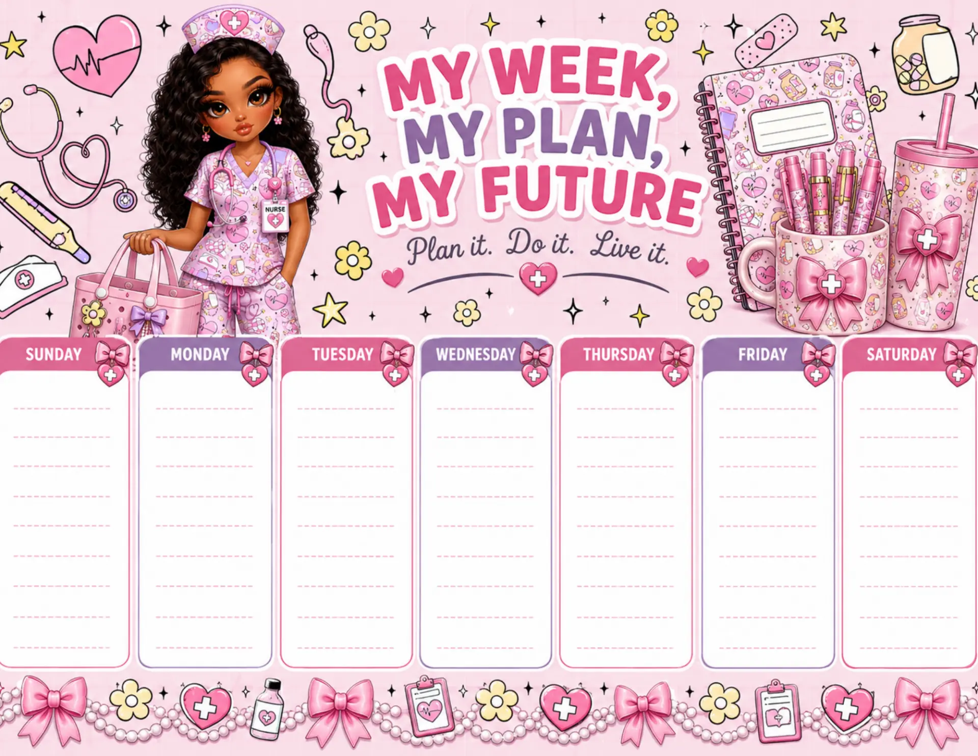 Nurse Bloom magnetic weekly planner shown on a white desk with colorful markers and dry-erase pens