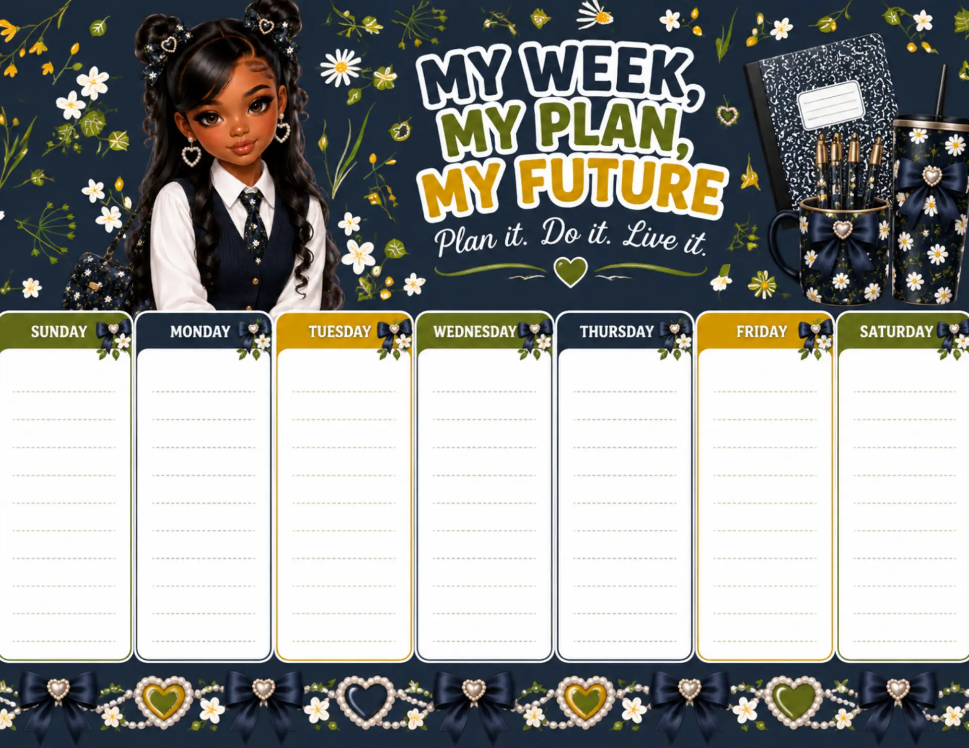 Navy Daisy Academic magnetic weekly planner shown on a white desk with colorful markers and dry-erase pens
