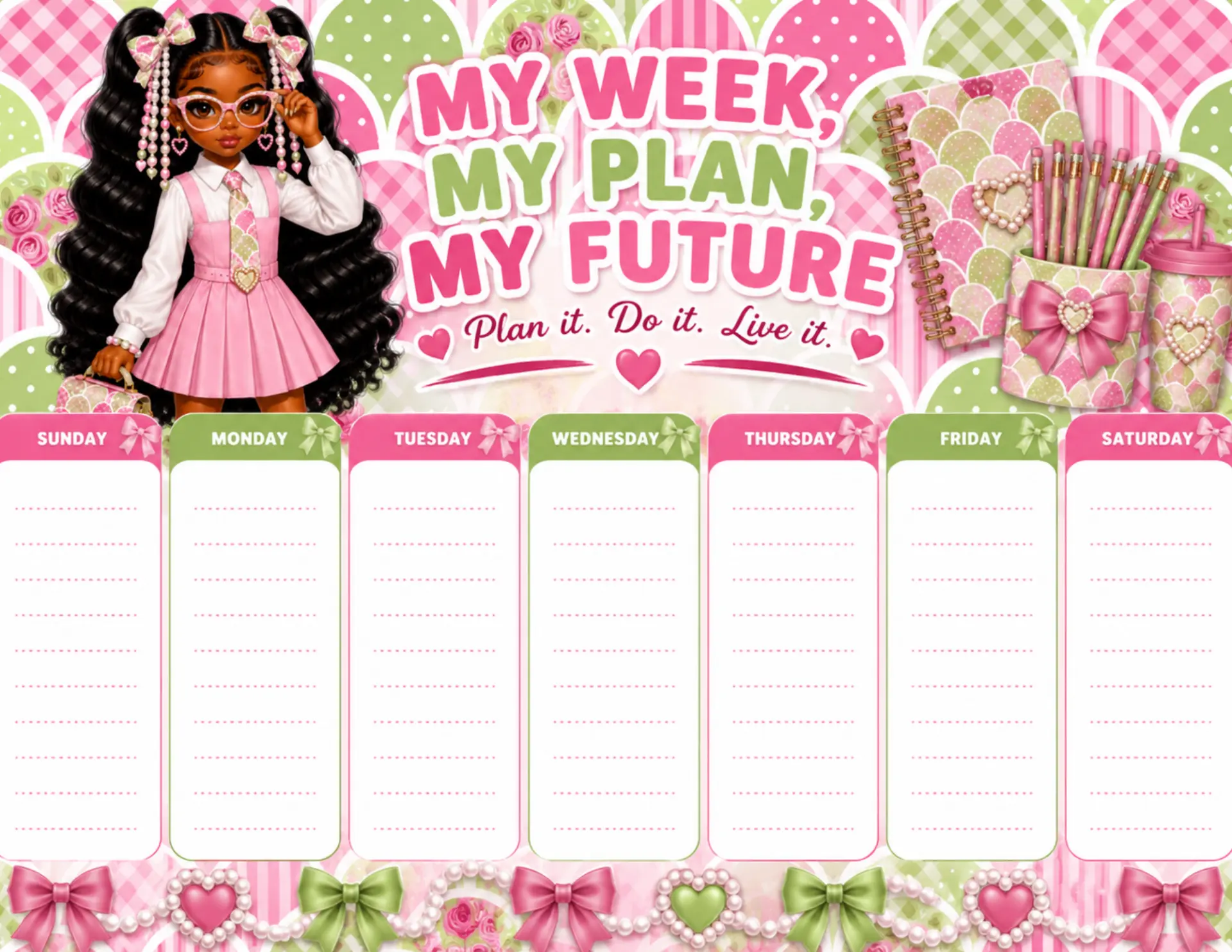Rose Garden Prep magnetic weekly planner shown on a white desk with colorful markers and dry-erase pens
