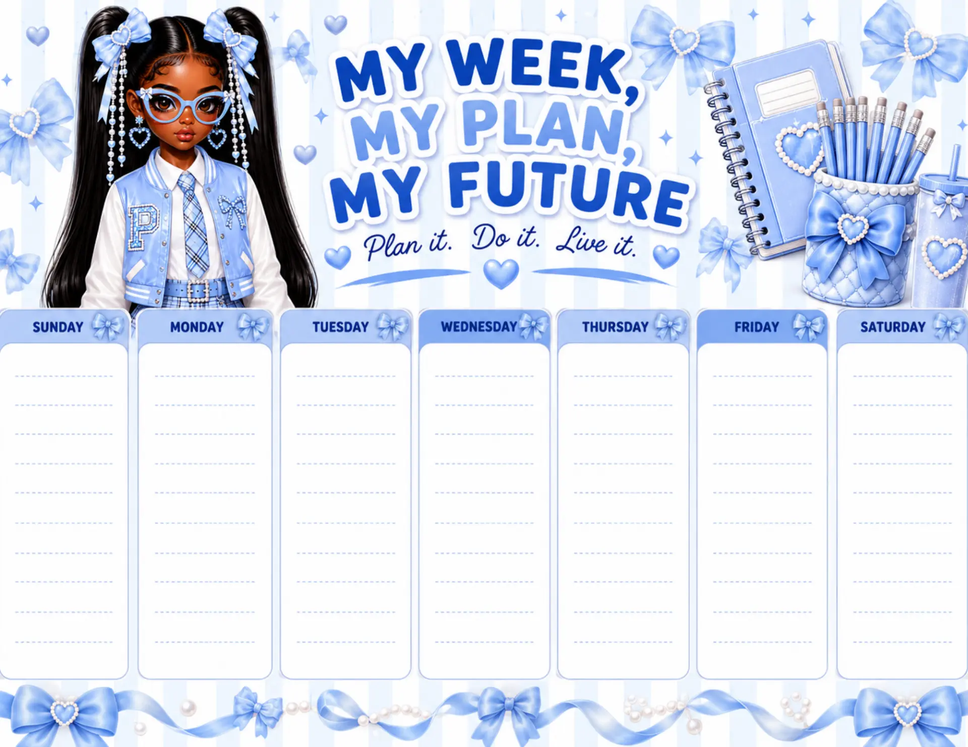 Baby Blue Varsity magnetic weekly planner shown on a white desk with colorful markers and dry-erase pens